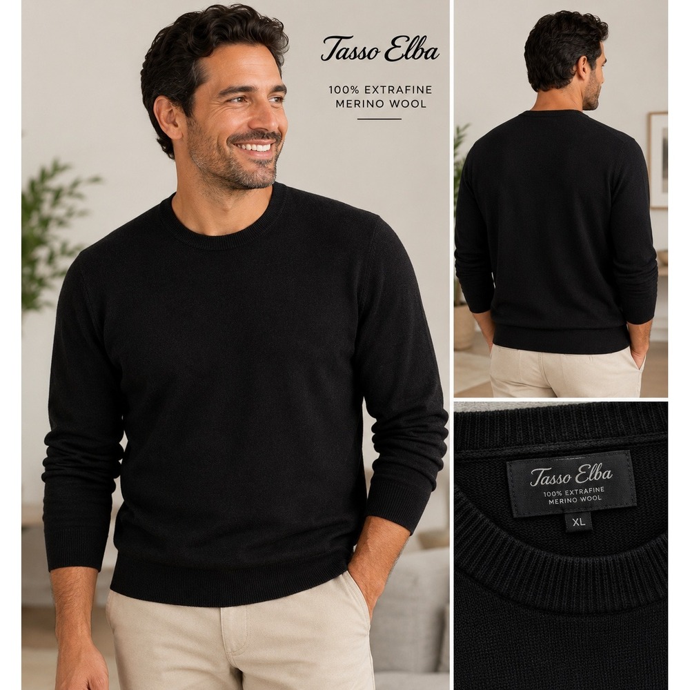 Tasso‎ Elba Sweater Mens XL Black Crew Neck 100% Extrafine Merino Wool